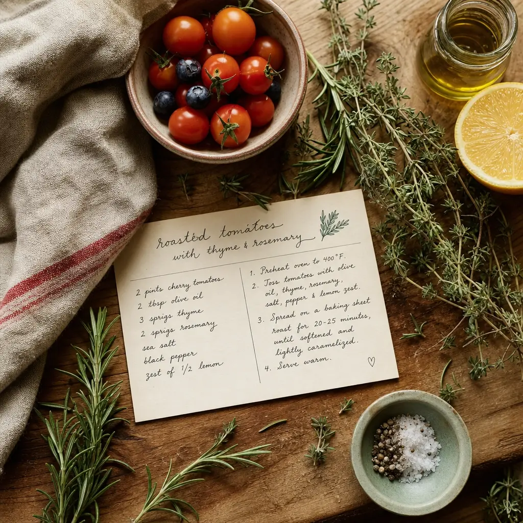 Fresh herbs, cherry tomatoes and a handwritten recipe card on a wooden cutting board
