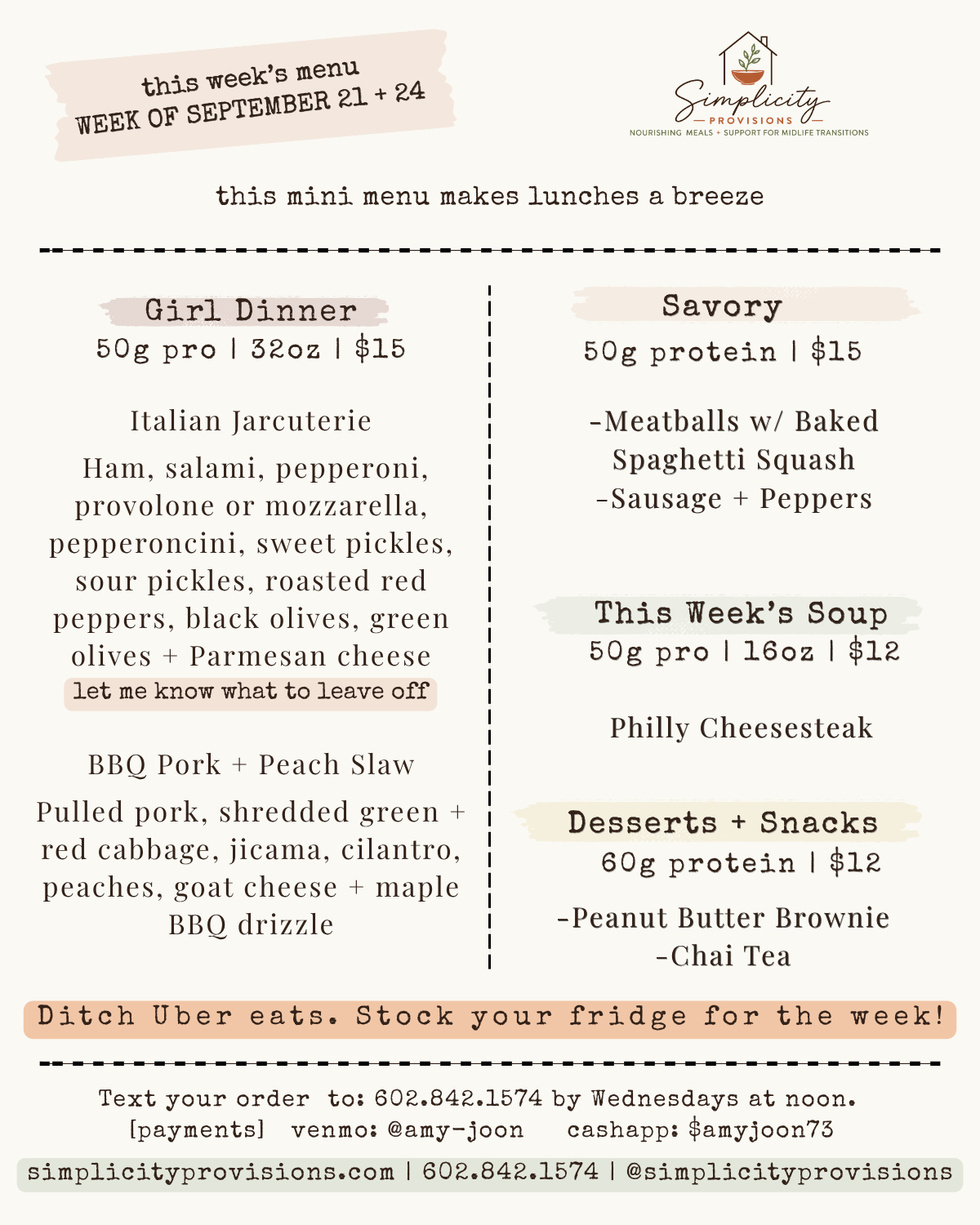 Simplicity Provisions weekly menu for the week of september 21 + 24